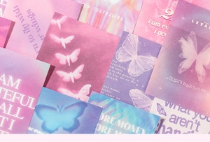 Detail of dreamlike purple butterfly art paper cards with aesthetic English quotes