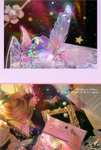 Close-up of holographic butterfly stickers with a shell-like shimmer for journaling