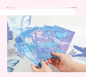 Macro view of blue butterfly aesthetic decorative paper with vintage Y2K quotes