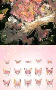 Macro detail of iridescent butterfly stickers with golden laser effect for scrapbooking