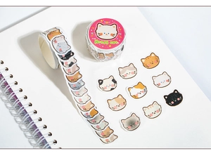 Close-up of cute Honey Cat washi tape with assorted kitten stickers for scrapbooking