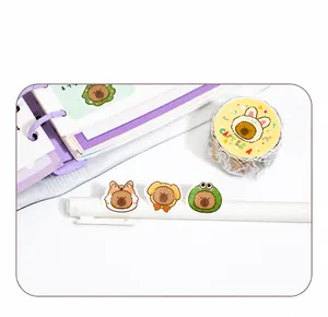 Detail of Capybara themed washi tape with cute animal stickers on a desk setting