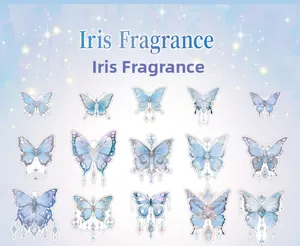 Detailed grid showing 15 blue and purple butterfly stickers with shimmering pearlescent finish