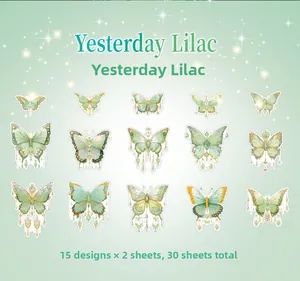 Detailed grid of 15 mint green fantasy butterfly stickers from Yesterday Lilac set
