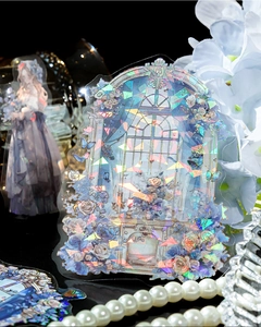 Macro shot of iridescent PET stickers featuring holographic European window and floral motifs