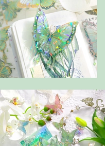 Detail of holographic PET butterfly stickers with gold outlines and 3D shell light effect