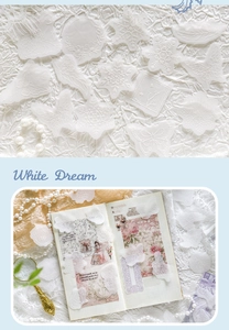Detailweergave van de White Dream stickers met reliëfpatronen van bloemen en vlokken
