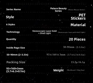Detailed specifications of PET stickers featuring laser gold and shell light finish