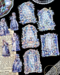 Macro shot of iridescent PET stickers featuring Lolita characters and floral motifs