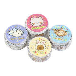 Set of four cute animal washi tapes featuring puppy, cat, monkey and capybara designs