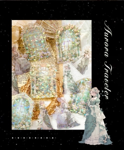 Macro detail of Aurora Traveler PET stickers featuring vintage ladies with holographic finish