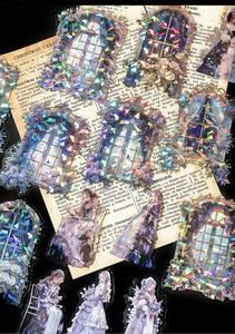 Detail of vintage PET stickers with holographic shell finish and Victorian lady designs