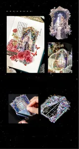 Detail of PET stickers with vintage lady patterns and shell light laser craft effects