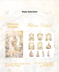 Macro detail of vintage girl stickers with shell light and laser gold craftsmanship