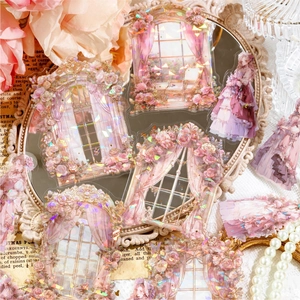 Vintage PET stickers with shell light effect featuring floral frames and female characters