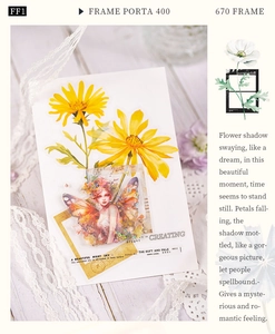Macro detail of PET floral stickers with yellow daisies and fairy motifs on wood