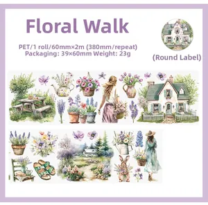 Dettagli del nastro PET Floral Walk con motivi da giardino ad acquerello e misure 60mmx2m