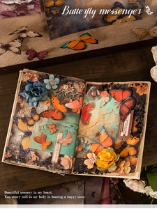 Detail of 3D butterfly stickers and vintage floral paper on a creative scrapbook page