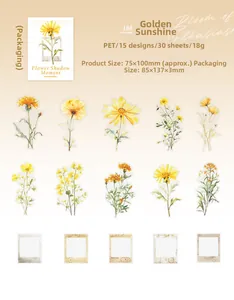 Detailed PET flower stickers set featuring 15 golden sunflower and wildflower designs