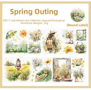 Dettaglio nastro decorativo in PET 60mm con motivi acquerello di campeggio e picnic
