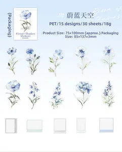 Detail showing 30 pieces of blue floral PET stickers with waterproof transparent finish