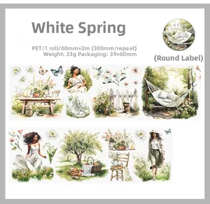 Dettaglio del nastro PET White Spring largo 60 mm con motivi floreali ad acquerello