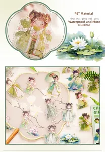 Détail macro d'autocollants PET étanches avec illustrations de filles de style ancien