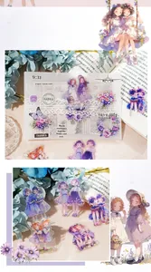 Vue détaillée d'autocollants PET violets avec filles anime, fleurs et papillons