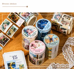 Detail of vintage washi tape with gold foil stamping and delicate floral illustrations