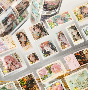 Detailed macro shot of vintage foil-stamped stamp stickers with floral anime designs