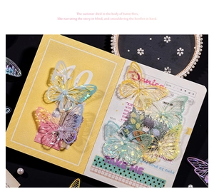 Makro-Detail von schillernden PET-Schmetterlingsaufklebern für Scrapbooking und DIY