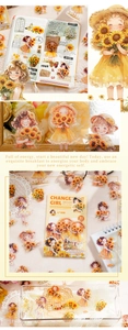 Détails d'autocollants PET de fille au tournesol pour scrapbooking aux tons jaune chaud
