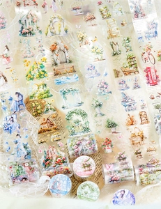Detailed view of matte PET tape with floral garden motifs for scrapbooking and DIY crafts