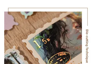 Detailed close-up of vintage stamp stickers with die-cut edges and gold foil accents