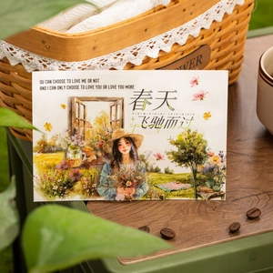 Watercolor camping themed decorative card featuring a girl with flowers in pastoral style
