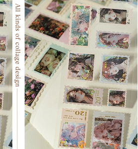 Detail of vintage stamp stickers with holographic gold foil and anime girl illustrations