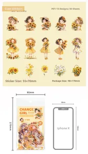 Détail des autocollants en PET motif tournesol montrant 15 designs et comparaison de taille