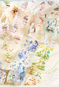 Detail of matte PET tape with watercolor garden illustrations and floral motifs