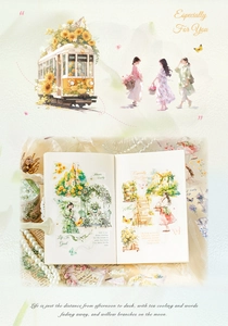 Macro detail of retro floral PET tape featuring sunflowers, vintage trams and garden scenes