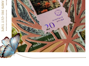Macro shot of rose gold die-cut tape and vintage stamp stickers for journaling