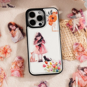 Coque iPhone en cuir blanc avec autocollants d'illustrations de fille et chat mignons