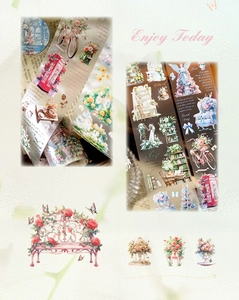 Detail of vintage garden PET tape with floral patterns, rose benches, and bicycles