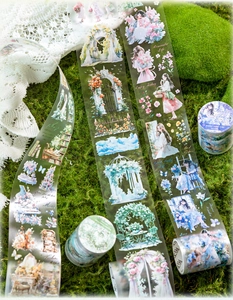 Macro shot of Flower and Girls series PET tape with floral garden illustrations