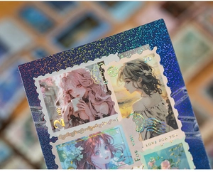 Macro detail of laser-cut vintage stamp stickers with glitter finish and girl illustrations