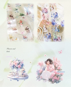 Macro detail of Flowers and Girls matte PET tape with dreamy floral stationery patterns