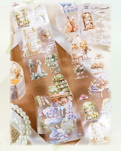 Detail of matte PET tape featuring vintage musical instruments and floral patterns