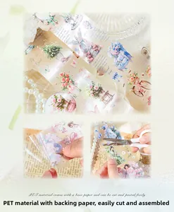 Detail of vintage PET tape showing angel and floral motifs with paper backing