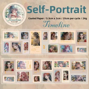 Detail of vintage anime girl stamp style stickers with gold foil and copperplate paper