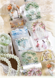 Macro shot of Garden Court PET tape featuring floral arches and vintage scrapbook aesthetic