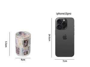 Detail view of gold-foiled stamp-cut decorative tape with iPhone 15 Pro size comparison